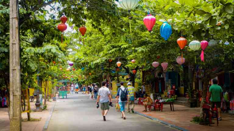 Lanterns hanging between the streets of Hoi An on a Vietnam tour