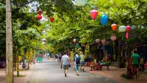 Lanterns hanging between the streets of Hoi An on a Vietnam tour