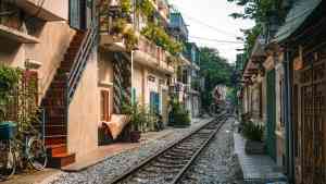 Rail tracks in Hanoi between houses on a Vietnam tour