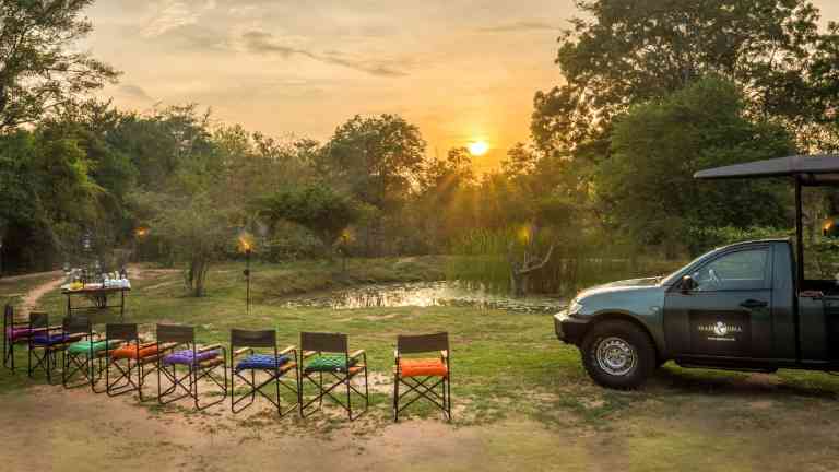 Sundowners at Mahoora Tented Safari Camp in Wilpattu National Park, Sri Lanka on a Bunnik Tour