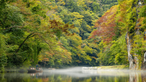 Wooden Boat drifting along Geibikei Gorge in Iwate, Japan by Linda Brown