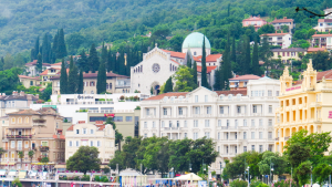 View of buildings on the coast of Opatija, Croatia by Adam Dickson