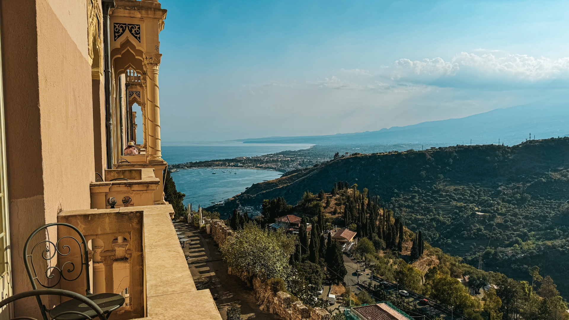 View of the coast from a balcony in Taormina, Sicily, Italy by Nicky Bevan